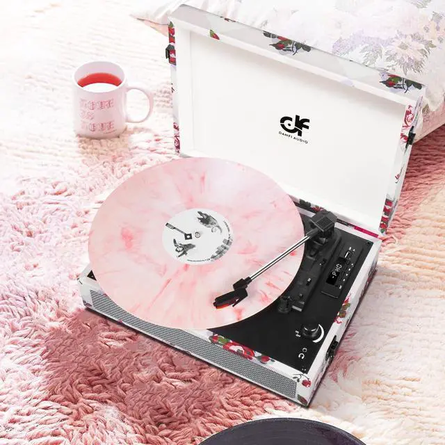 Alt view image 2 of 7 - Vinyl Record Player Bluetooth with Built-in Speakers, Vintage Portable Turntable 3 Speed with USB Recording Headphone/RCA/AUX Jack Floral Record Player White