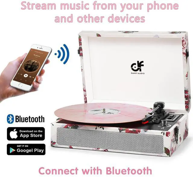 Alt view image 3 of 7 - Vinyl Record Player Bluetooth with Built-in Speakers, Vintage Portable Turntable 3 Speed with USB Recording Headphone/RCA/AUX Jack Floral Record Player White