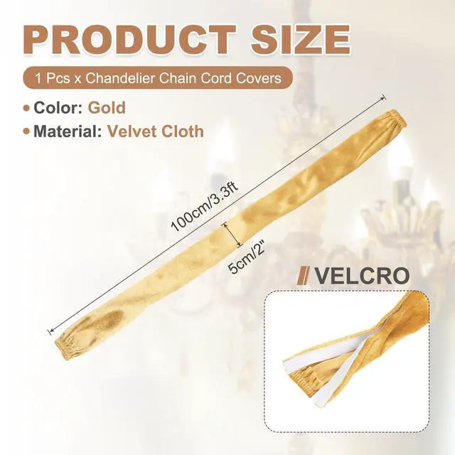 Alt view image 2 of 7 - 3.3ft Chandelier Chain Cord Cover, Velvet Cloth Fabric Chain Sleeve Decorative Cord Covers for Chandelier Wires Swing Cable, Hook and Loop Fastener Style, Gold