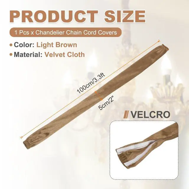 Alt view image 2 of 7 - 3.3ft Chandelier Chain Cord Cover, Velvet Cloth Fabric Chain Sleeve Decorative Cord Covers for Chandelier Wires Swing Cable, Hook and Loop Fastener Style, Light Coffee