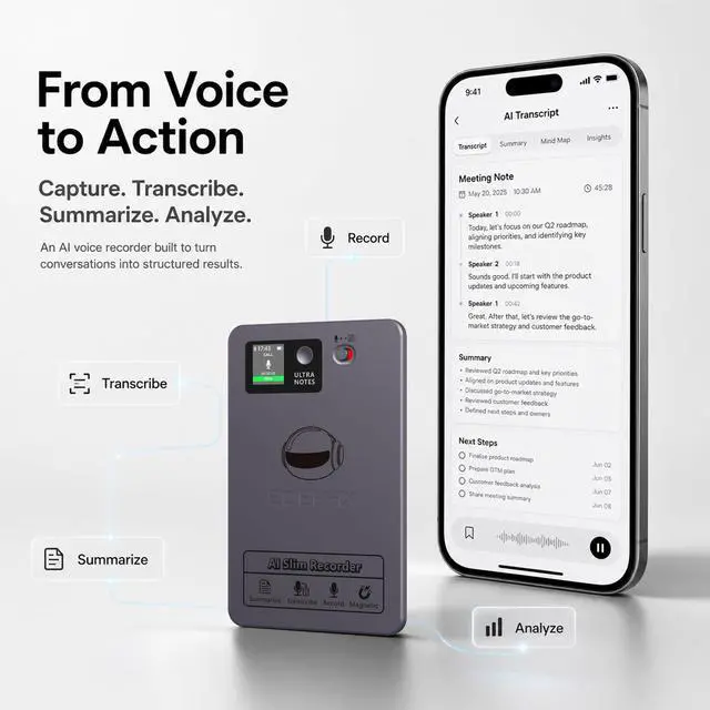 Alt view image 2 of 6 - AI Voice Recorder, Transcribe & Summarize with Deep AI Analysis, Support 152 Languages, App Control, AI Noise Cancellation, Upgraded Built-in MagSafe, 64GB Audio Recorder, Lectures, Call