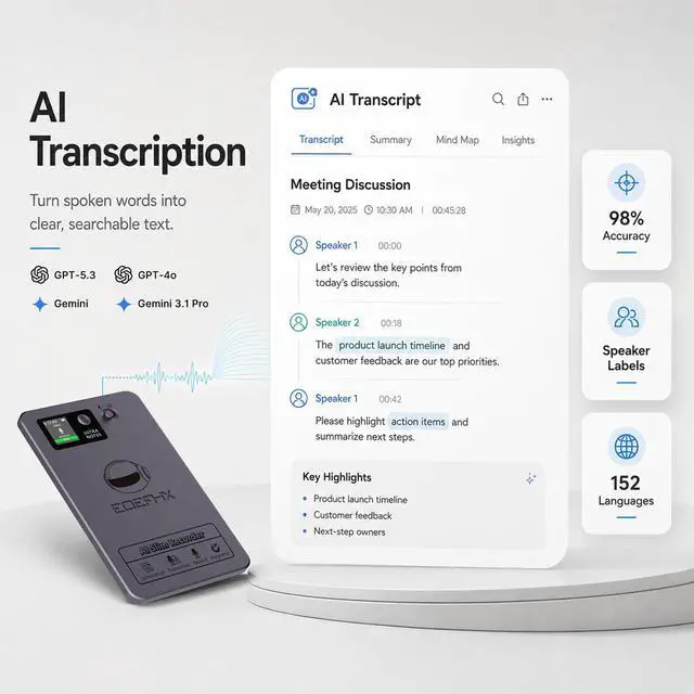 Alt view image 4 of 6 - AI Voice Recorder, Transcribe & Summarize with Deep AI Analysis, Support 152 Languages, App Control, AI Noise Cancellation, Upgraded Built-in MagSafe, 64GB Audio Recorder, Lectures, Call