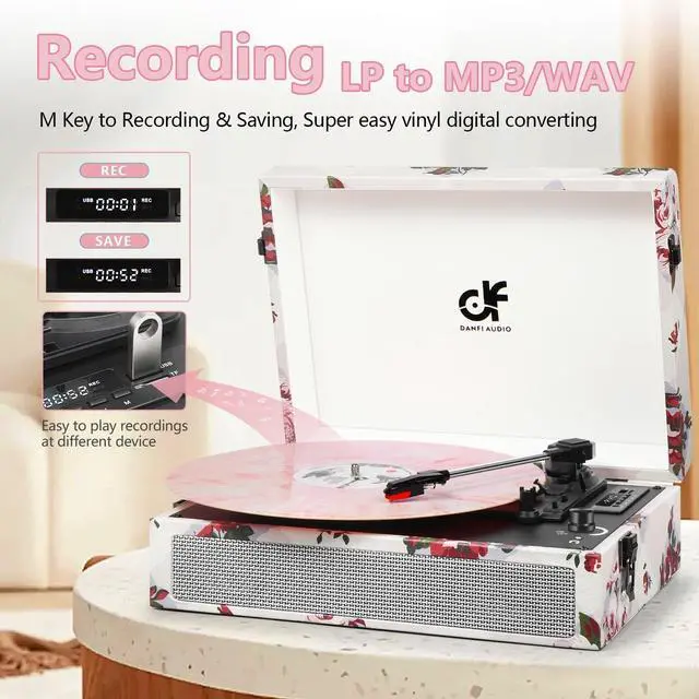 Alt view image 4 of 7 - Vinyl Record Player Bluetooth with Built-in Speakers, Vintage Portable Turntable 3 Speed with USB Recording Headphone/RCA/AUX Jack Floral Record Player White