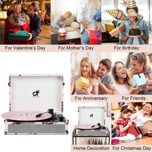 Alt view image 5 of 7 - Vinyl Record Player Bluetooth with Built-in Speakers, Vintage Portable Turntable 3 Speed with USB Recording Headphone/RCA/AUX Jack Floral Record Player White