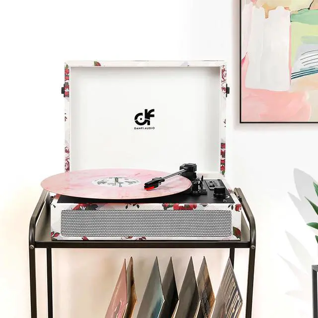 Alt view image 7 of 7 - Vinyl Record Player Bluetooth with Built-in Speakers, Vintage Portable Turntable 3 Speed with USB Recording Headphone/RCA/AUX Jack Floral Record Player White