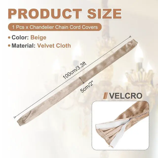 Alt view image 2 of 7 - 3.3ft Chandelier Chain Cord Cover, Velvet Cloth Fabric Chain Sleeve Decorative Cord Covers for Chandelier Wires Swing Cable, Hook and Loop Fastener Style, Beige