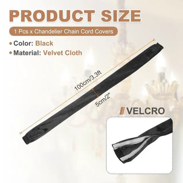Alt view image 2 of 7 - 3.3ft Chandelier Chain Cord Cover, Velvet Cloth Fabric Chain Sleeve Decorative Cord Covers for Chandelier Wires Swing Cable, Hook and Loop Fastener Style, Black