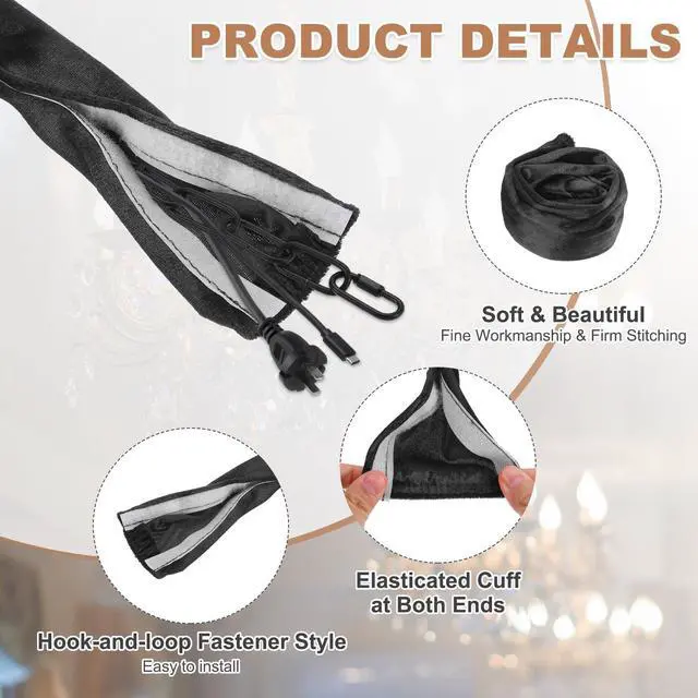 Alt view image 3 of 7 - 3.3ft Chandelier Chain Cord Cover, Velvet Cloth Fabric Chain Sleeve Decorative Cord Covers for Chandelier Wires Swing Cable, Hook and Loop Fastener Style, Black