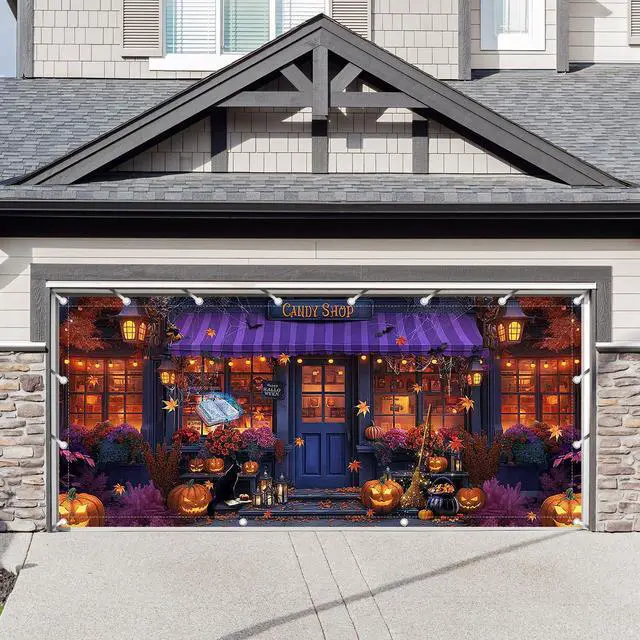 Main image of 1PC 16x7ft Halloween Candy Shop Garage Door Banner Decorations | Magic Witch Pumpkin Photography Backdrop, Maple Night Wall Cover, Outdoor Holiday Party Supplies, Polyester, With Ribbon