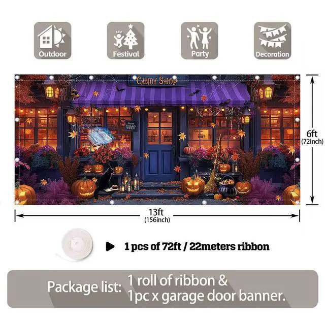 Alt view image 2 of 5 - 1PC 16x7ft Halloween Candy Shop Garage Door Banner Decorations | Magic Witch Pumpkin Photography Backdrop, Maple Night Wall Cover, Outdoor Holiday Party Supplies, Polyester, With Ribbon