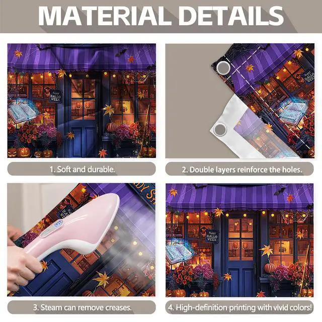 Alt view image 4 of 5 - 1PC 16x7ft Halloween Candy Shop Garage Door Banner Decorations | Magic Witch Pumpkin Photography Backdrop, Maple Night Wall Cover, Outdoor Holiday Party Supplies, Polyester, With Ribbon