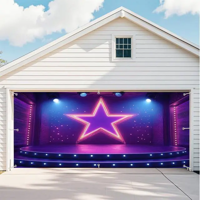 Alt view image 2 of 7 - 7X8ft Show Stage Garage Door Cover Background Purples Star Spotlight Hall Club Rockstar Music Party Background Dance for Movie Night Performance Party Outdoor Indoor Banner Cover