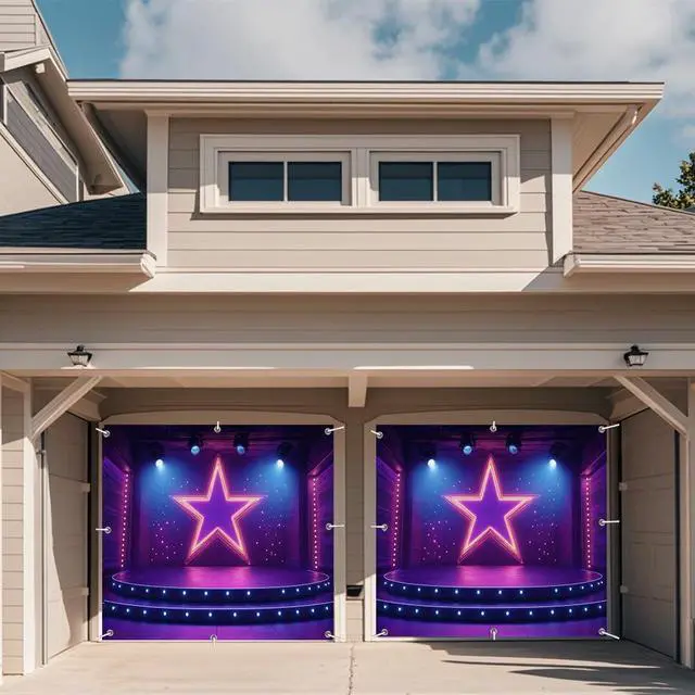 Alt view image 3 of 7 - 7X8ft Show Stage Garage Door Cover Background Purples Star Spotlight Hall Club Rockstar Music Party Background Dance for Movie Night Performance Party Outdoor Indoor Banner Cover