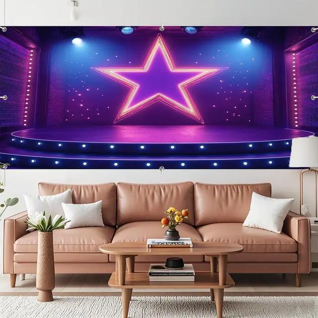 Alt view image 5 of 7 - 7X8ft Show Stage Garage Door Cover Background Purples Star Spotlight Hall Club Rockstar Music Party Background Dance for Movie Night Performance Party Outdoor Indoor Banner Cover