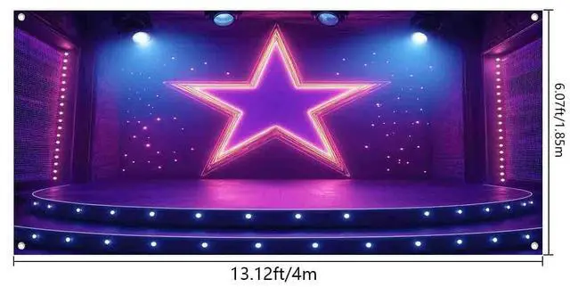 Alt view image 7 of 7 - 7X8ft Show Stage Garage Door Cover Background Purples Star Spotlight Hall Club Rockstar Music Party Background Dance for Movie Night Performance Party Outdoor Indoor Banner Cover