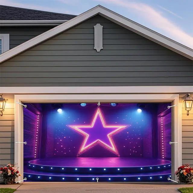 Alt view image 6 of 7 - 7X8ft Show Stage Garage Door Cover Background Purples Star Spotlight Hall Club Rockstar Music Party Background Dance for Movie Night Performance Party Outdoor Indoor Banner Cover