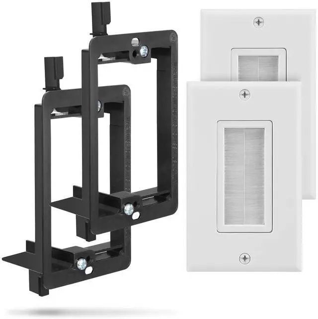 Main image of Single Gang Brush Wall Plate with Low Voltage Bracket - 2 Pairs | In-Wall Cable Management Passthrough Faceplate and Drywall Mounting Bracket Kit for HDMI, Coaxial, and Speaker Wire Setup
