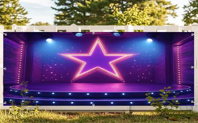 Alt view image 4 of 7 - 7X8ft Show Stage Garage Door Cover Background Purples Star Spotlight Hall Club Rockstar Music Party Background Dance for Movie Night Performance Party Outdoor Indoor Banner Cover