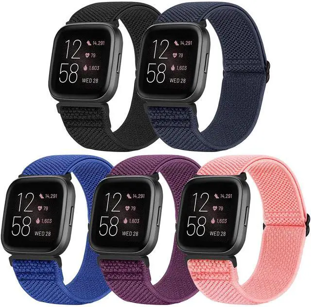 Main image of 5 Pack Adjustable Elastic Watch Band Compatible with Fitbit Versa 2 Band Women Men, Soft Loop Stretchy Nylon Sport Straps Replacement Wristbands
