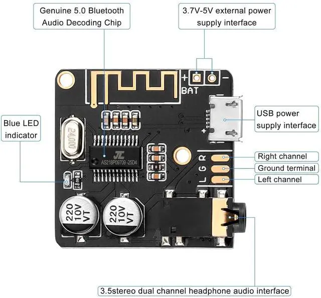 Alt view image 2 of 7 - 5pcs Bluetooth Audio Receiver Board BT 5.0 Stereo Audio Amplifier 3.7-5V Car Speaker Amplifier for DIY