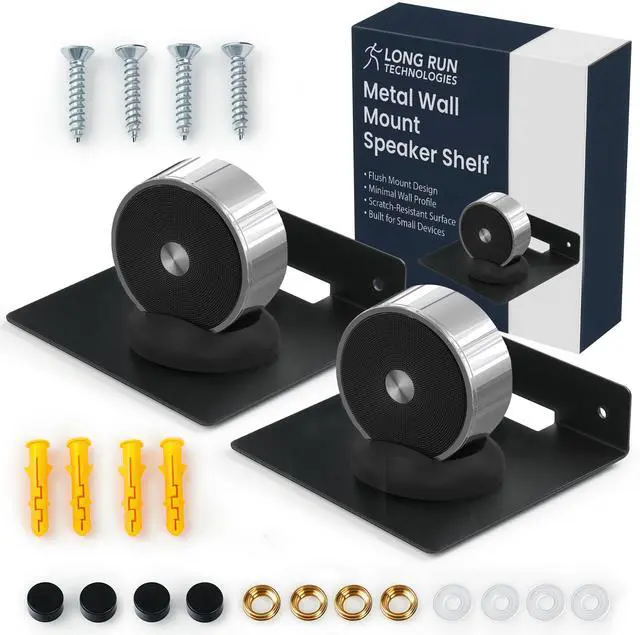 Main image of Wall Mount Speaker Stands: Metal Speaker Shelves 6.1 x 5.1 x 2.5 Inches Bluetooth Speakers Clocks Routers Small Statues Smart Devices Plants Black Speaker Brackets for Bathroom Playroom Study 2 Pack