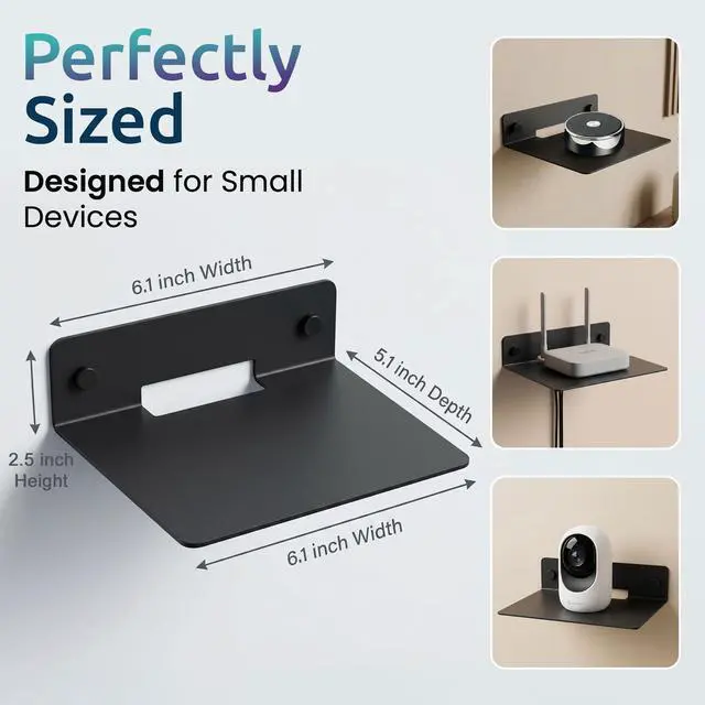Alt view image 5 of 6 - Wall Mount Speaker Stands: Metal Speaker Shelves 6.1 x 5.1 x 2.5 Inches Bluetooth Speakers Clocks Routers Small Statues Smart Devices Plants Black Speaker Brackets for Bathroom Playroom Study 2 Pack