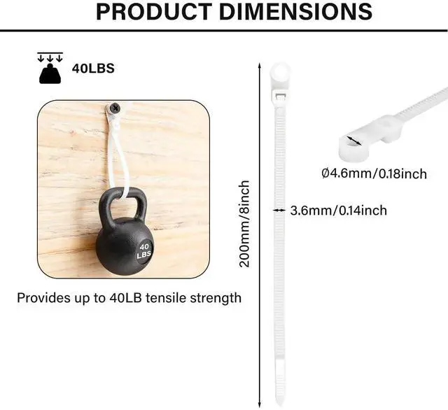 Alt view image 2 of 6 - White Zip Ties with Screw Hole 8 Inch 250 PCS, 40lbs Heavy Duty Nylon Mountable Cable Ties for Indoor & Outdoor Use, Cable Management Straps