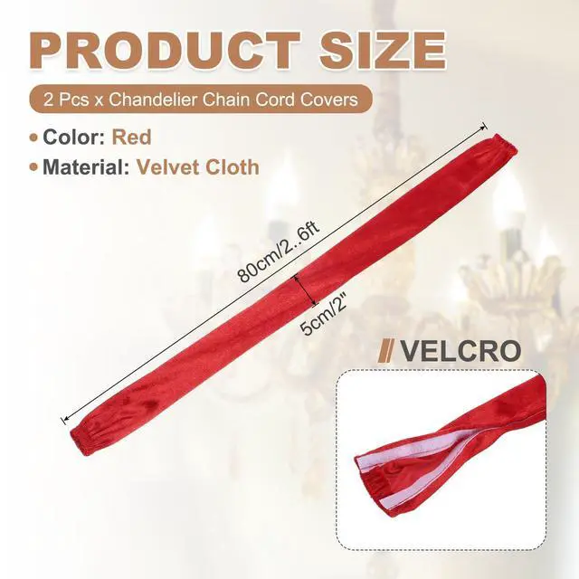 Alt view image 2 of 7 - 2.6ft Chandelier Chain Cord Cover, 2 Pcs Velvet Cloth Fabric Chain Sleeve Decorative Cord Covers for Chandelier Wires Swing Cable, Hook and Loop Fastener Style, Red