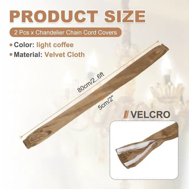Alt view image 2 of 7 - 2.6ft Chandelier Chain Cord Cover, 2 Pcs Velvet Cloth Fabric Chain Sleeve Decorative Cord Covers for Chandelier Wires Swing Cable, Hook and Loop Fastener Style, Light Coffee