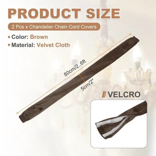 Alt view image 2 of 7 - 2.6ft Chandelier Chain Cord Cover, 2 Pcs Velvet Cloth Fabric Chain Sleeve Decorative Cord Covers for Chandelier Wires Swing Cable, Hook and Loop Fastener Style, Coffee