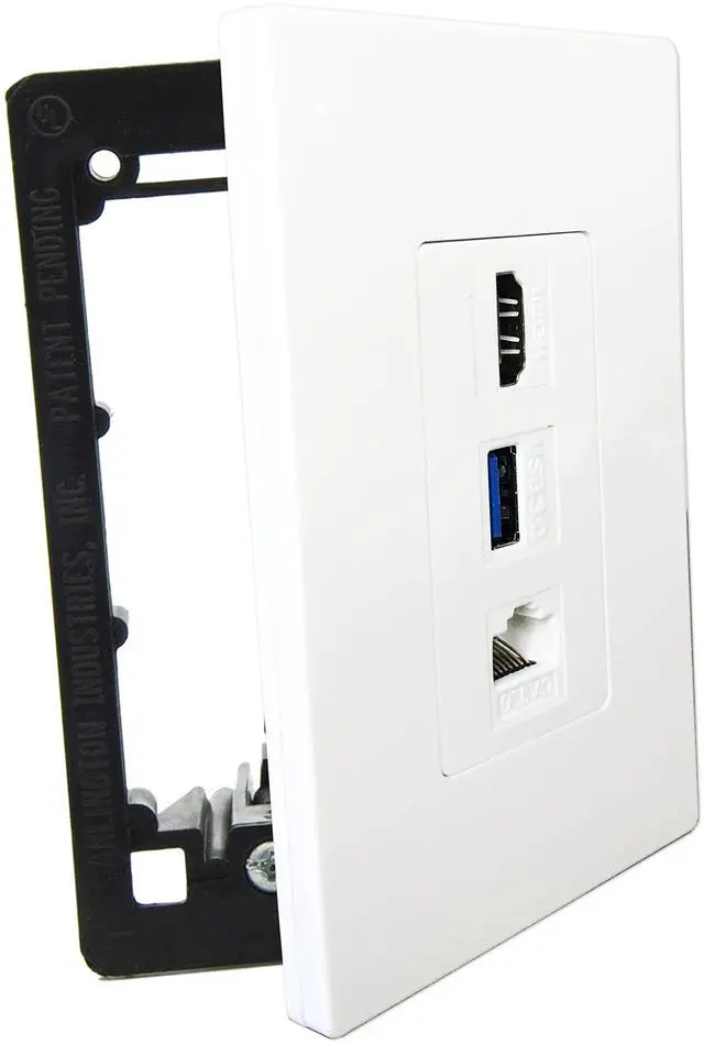 Main image of Premium 1 HDMI, 1 USB, 1 Ethernet Cat 6 RJ45, Pass Through, with Mounting Bracket, for Ethernet HDMI USB Setups, Screwless Wall Plate Outlet - White