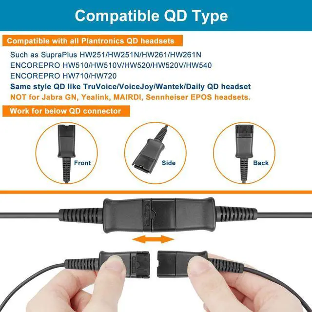 Alt view image 3 of 6 - Training Y Splitter Adapter Cable for All Plantronics QD Headphone | Plantronics Quick Disconnect Headsets Splitter Cord Connector for Call Center, Supervising, Training, PC, Landline Phone