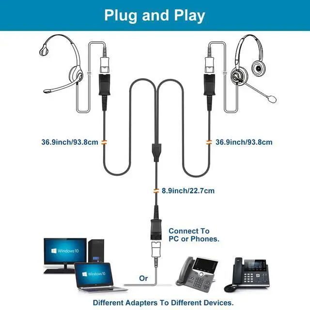 Alt view image 4 of 6 - Training Y Splitter Adapter Cable for All Plantronics QD Headphone | Plantronics Quick Disconnect Headsets Splitter Cord Connector for Call Center, Supervising, Training, PC, Landline Phone
