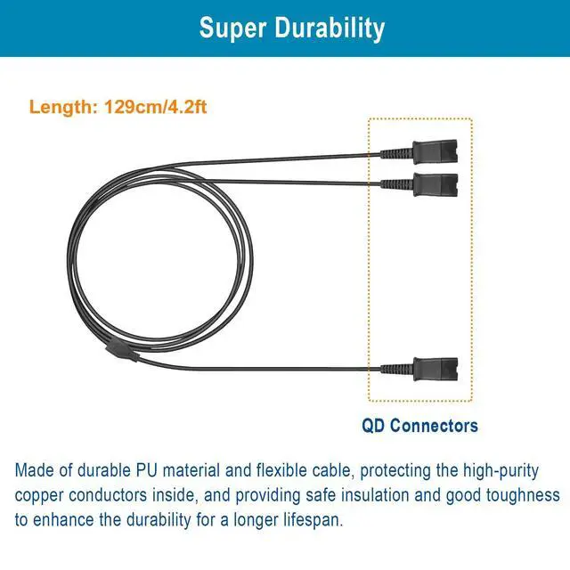 Alt view image 5 of 6 - Training Y Splitter Adapter Cable for All Plantronics QD Headphone | Plantronics Quick Disconnect Headsets Splitter Cord Connector for Call Center, Supervising, Training, PC, Landline Phone