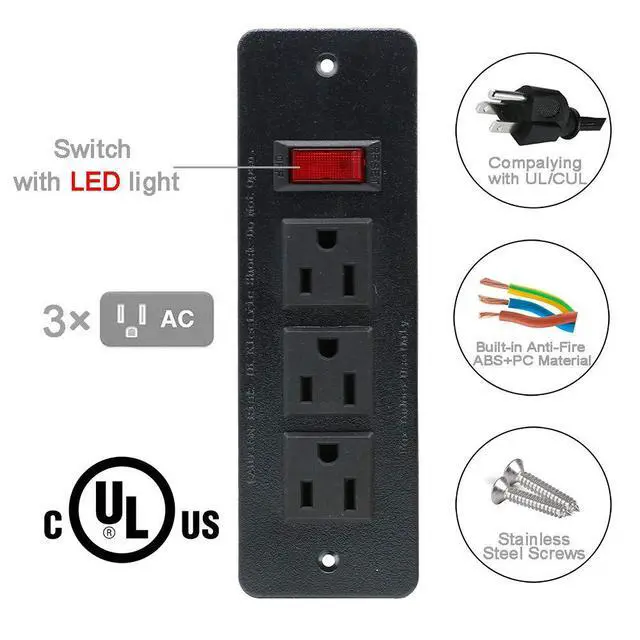 Alt view image 3 of 4 - Recessed Power Strip Countertop Power Grommet Desk Mountable Power Strip Behind Drawer Outlets for Cabinet Sofa Shelf UL/ETL Certificated Black