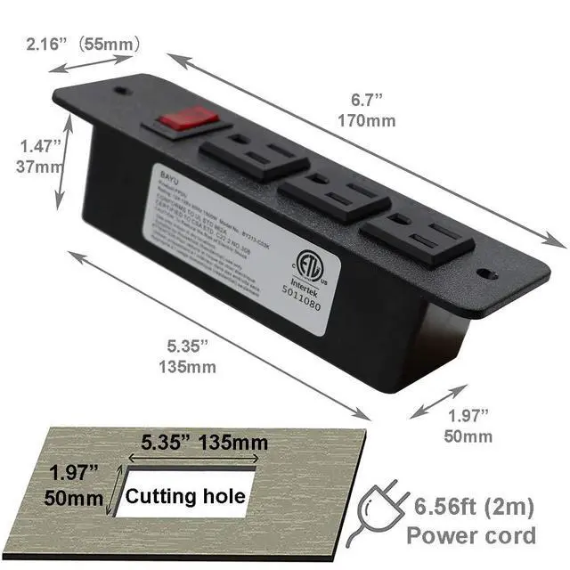 Alt view image 2 of 4 - Recessed Power Strip Countertop Power Grommet Desk Mountable Power Strip Behind Drawer Outlets for Cabinet Sofa Shelf UL/ETL Certificated Black