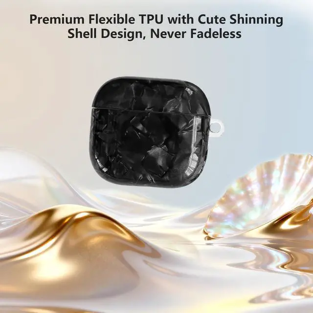 Alt view image 3 of 7 - for Airpods 4 Case Glitter Shell,Cute Luxury Shell Pattern | Soft TPU Airpods 4th Generation Case Cover with Girly Five-leaf Shell Flower Pearl Keychain&Cleaning Pen Women Girls-Black