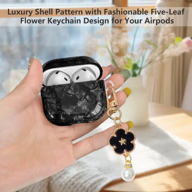 Alt view image 2 of 7 - for Airpods 4 Case Glitter Shell,Cute Luxury Shell Pattern | Soft TPU Airpods 4th Generation Case Cover with Girly Five-leaf Shell Flower Pearl Keychain&Cleaning Pen Women Girls-Black