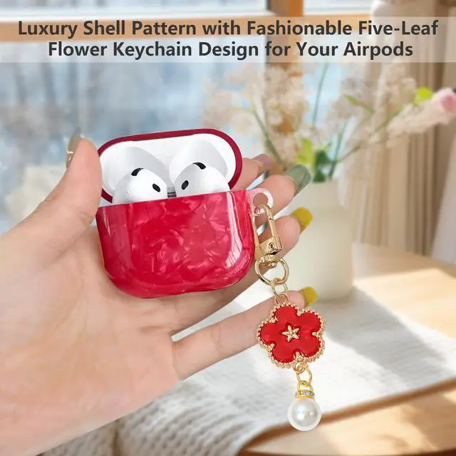 Alt view image 2 of 7 - for Airpods 4 Case Glitter Shell,Cute Luxury Shell Pattern | Soft TPU Airpods 4th Generation Case Cover with Girly Five-leaf Shell Flower Pearl Keychain&Cleaning Pen Women Girls-Red