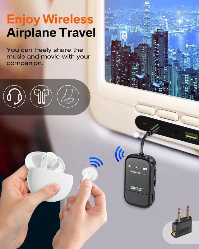 Alt view image 2 of 6 - Airplane Bluetooth Wireless Adapter w/aptX Adaptive for 2Headphones/AirPods | Upgrade, Screen, 25hours, 3.5mm AUX Jack Airline Audio Transmitter adaptor for Travel Flight, TV, PC, Gym