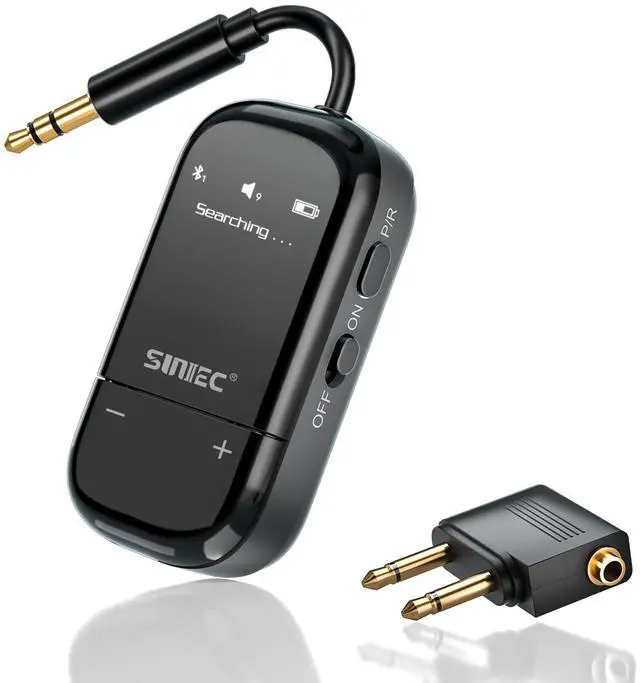 Main image of Airplane Bluetooth Wireless Adapter w/aptX Adaptive for 2Headphones/AirPods | Upgrade, Screen, 25hours, 3.5mm AUX Jack Airline Audio Transmitter adaptor for Travel Flight, TV, PC, Gym