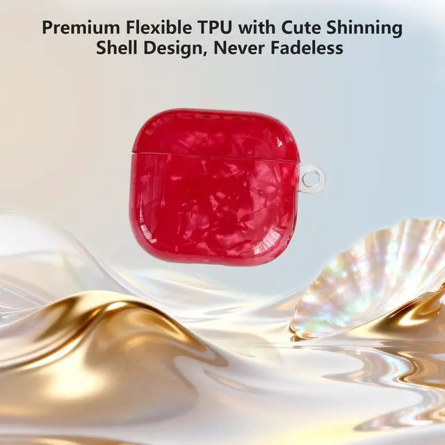 Alt view image 3 of 7 - for Airpods 4 Case Glitter Shell,Cute Luxury Shell Pattern | Soft TPU Airpods 4th Generation Case Cover with Girly Five-leaf Shell Flower Pearl Keychain&Cleaning Pen Women Girls-Red