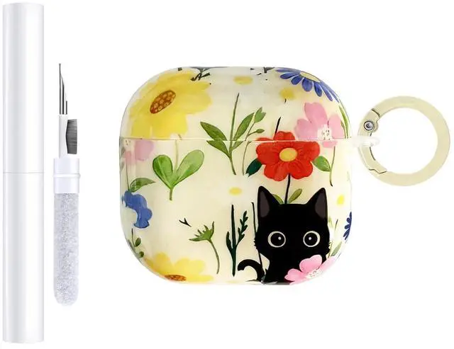 Main image of Cute Cartoon Cat Pattern Compatible with AirPods 4 Case 2024 (White) | Hard TPU Case for AirPods 4th Generation with Trendy Keychain Ring and Cleaning Kit for Girls Women