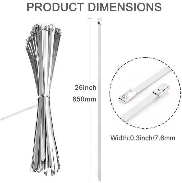 Alt view image 2 of 6 - 25PCS 26" Heavy Duty 304 Stainless Steel Zip Ties 220LBS Tensile, 0.3" Width, Self Locking?Metal Cable Zip Ties for Exhaust Wrap, Fencing, Pipes & Outdoor Use
