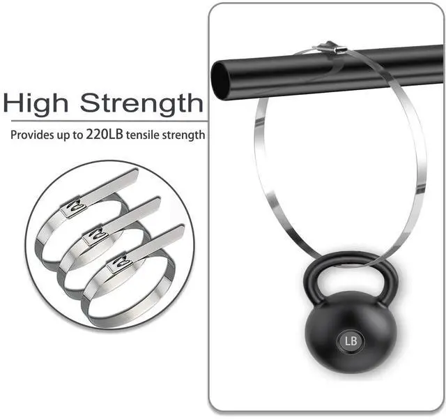 Alt view image 3 of 6 - 25PCS 26" Heavy Duty 304 Stainless Steel Zip Ties 220LBS Tensile, 0.3" Width, Self Locking?Metal Cable Zip Ties for Exhaust Wrap, Fencing, Pipes & Outdoor Use