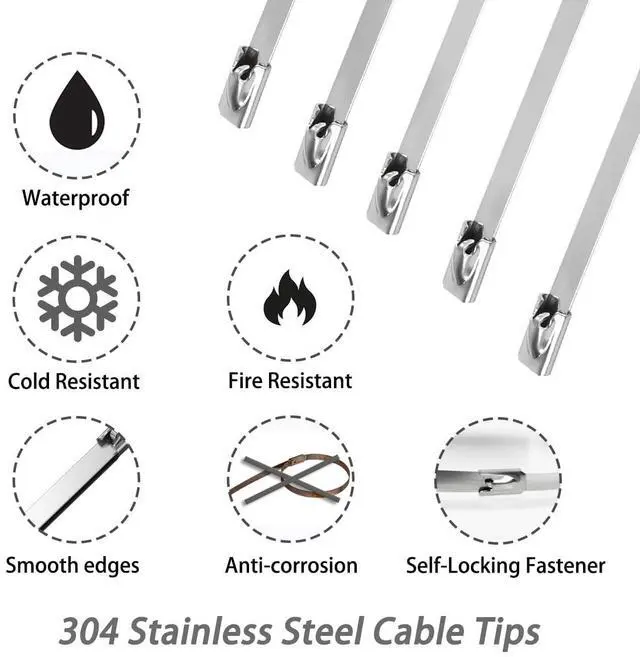 Alt view image 4 of 7 - 40 Pack 24 Inch Stainless Steel Zip Ties Heavy Duty, 265lbs Tensile Strength Metal Cable Ties, 304 Grade UV Resistant Self-Locking Strap with Rounded Edges for Exhaust Wrap, Pipes, Fences