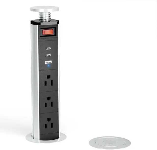 Main image of 2-1/2" Pull Up Outlet for Countertop, USB-C PD 20W and 3 Outlets | Manual-Lift Hidden Design, Space-Saving, 6 Ft Cord, RV Tables, Camper Interiors, Home Offices, Workbenches