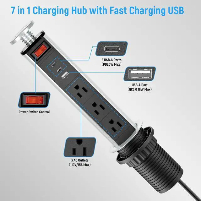 Alt view image 2 of 7 - 2-1/2" Pull Up Outlet for Countertop, USB-C PD 20W and 3 Outlets | Manual-Lift Hidden Design, Space-Saving, 6 Ft Cord, RV Tables, Camper Interiors, Home Offices, Workbenches