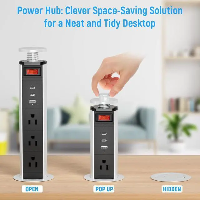 Alt view image 3 of 7 - 2-1/2" Pull Up Outlet for Countertop, USB-C PD 20W and 3 Outlets | Manual-Lift Hidden Design, Space-Saving, 6 Ft Cord, RV Tables, Camper Interiors, Home Offices, Workbenches
