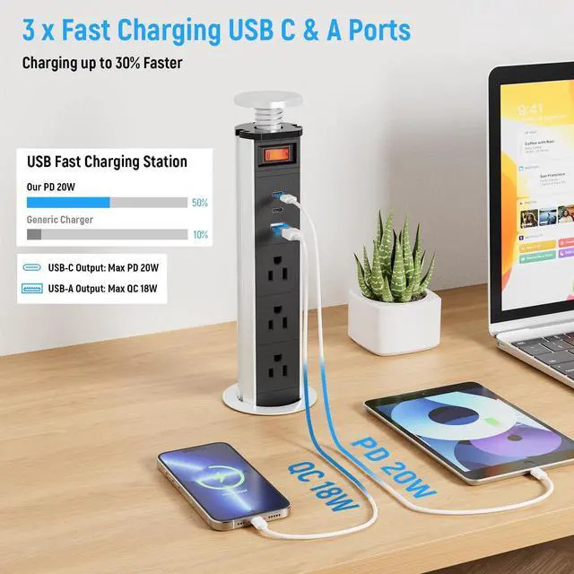 Alt view image 4 of 7 - 2-1/2" Pull Up Outlet for Countertop, USB-C PD 20W and 3 Outlets | Manual-Lift Hidden Design, Space-Saving, 6 Ft Cord, RV Tables, Camper Interiors, Home Offices, Workbenches